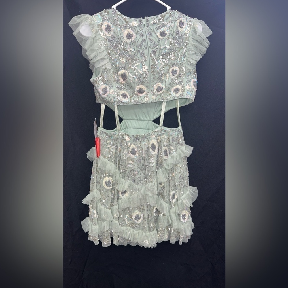 Mac Duggal 35101 NWT Embellished Jewel Neck Tulle Ruffle Mini Dress in Sage - Picture 7 of 9